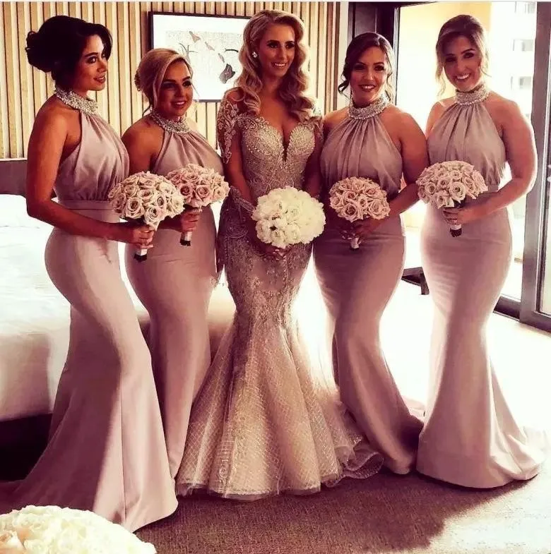 

Halter Maid Of Honor Dresses Evening Wear Beads Sequins Satin Country Mermaid Bridesmaid Dress Long Low Back Sexy Party Gowns