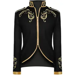 Mens Stylish Court Prince Black Gold Embroidery Blazer Suit Jacket Fashion Uniform Halloween Costume Adults Coat