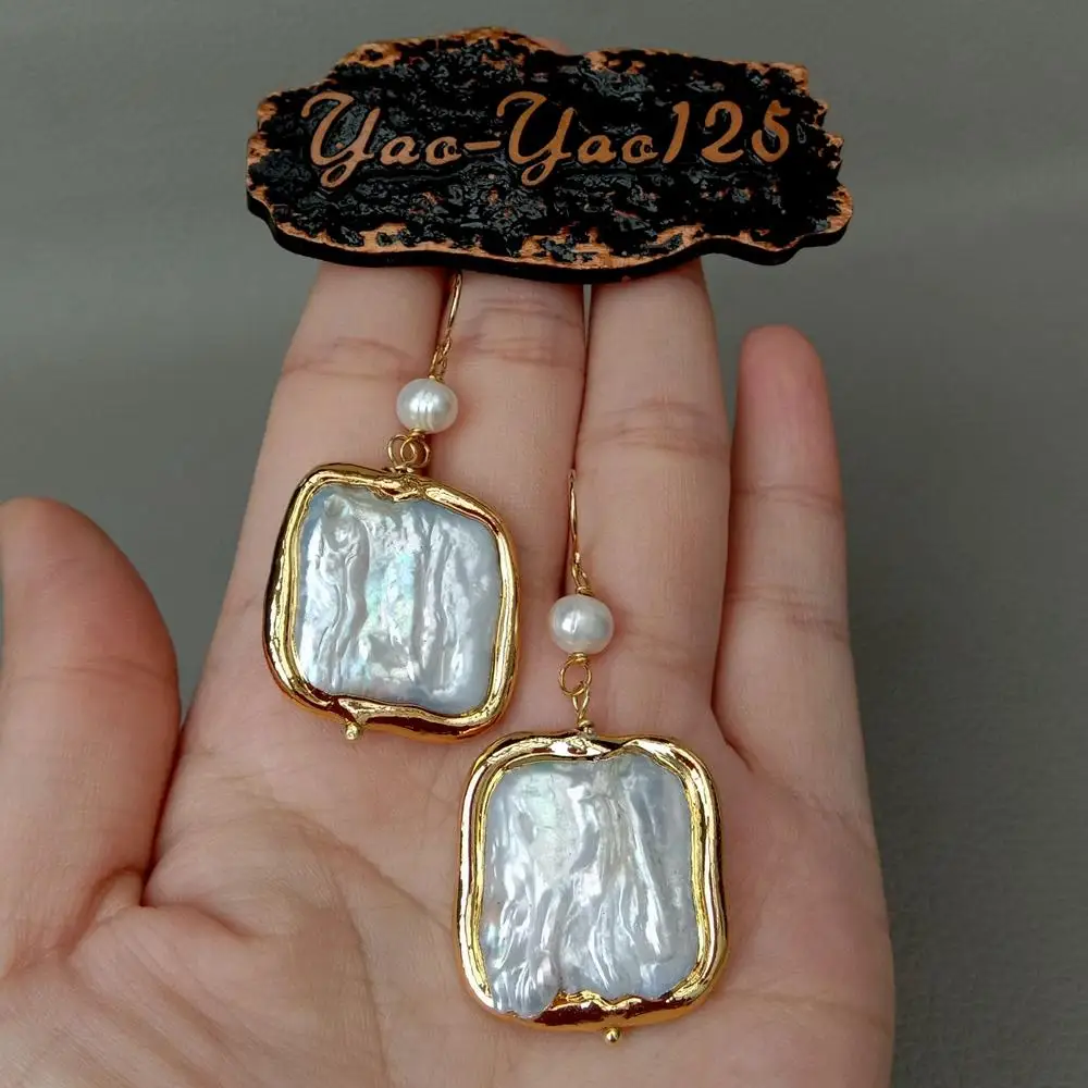 natural White Square Keshi Pearl Gold color plated Hook Earrings luxury style for women