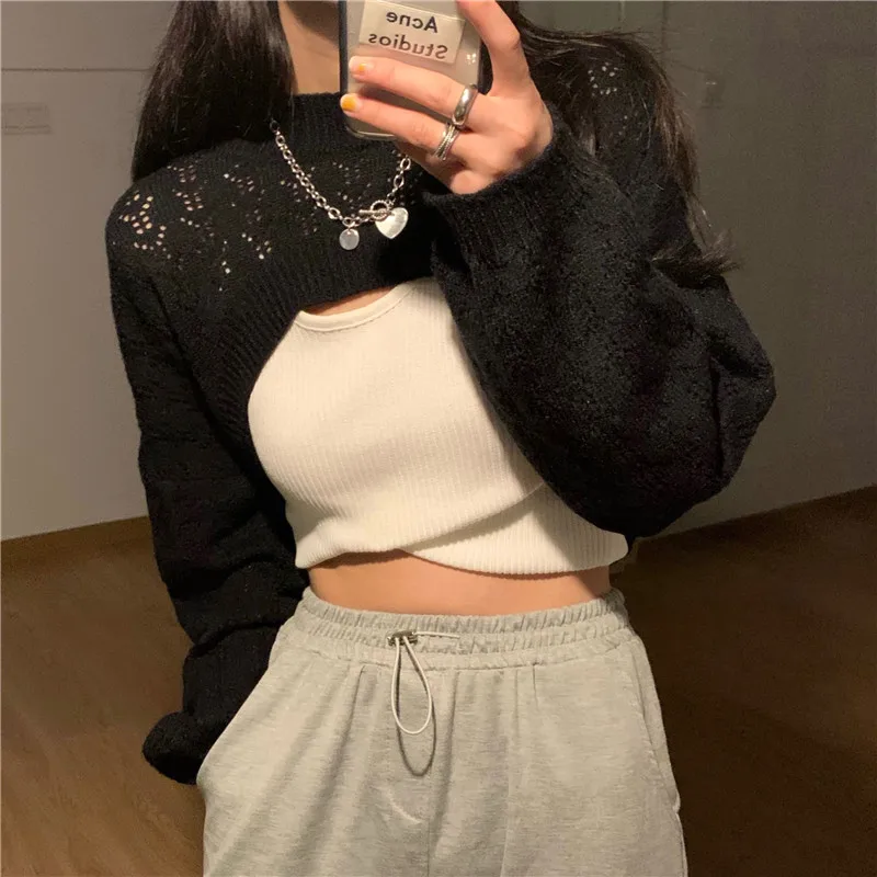 Karrram Simple Knitted Solid Long Sleeve Hollow Short Pullover Women Sweater Knit Fall Crop Top Sexy Outfit Cropped Cape Cloak