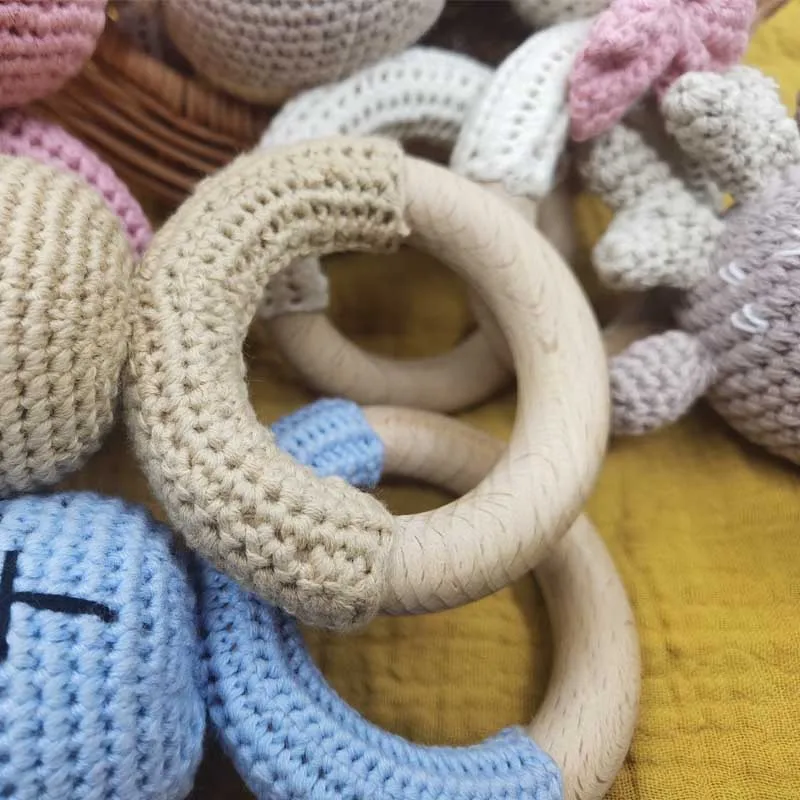 Baby Rattle Crochet Animal Rabbite Baby Teether Wooden Ring Handmade Toy BPA Free Wood Teething Bracelet Nurse Gift Baby Product