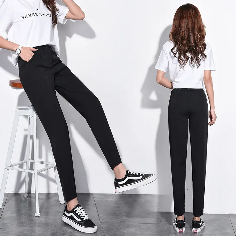 Women Casual Pants Comfort Ankle-Length Trousers Loose Office Lady Wide Leg Pants High Waist Drawstring Black