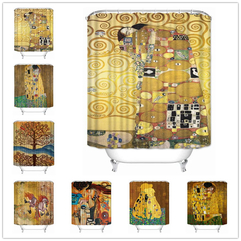 Musife Custom High Quality The Kiss by Gustav Klimt Shower Curtain Waterproof Bathroom Polyester Fabric Bathroom Curtain