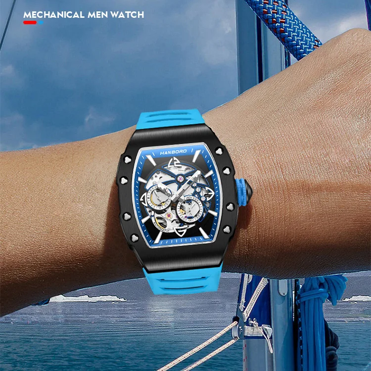 هانبورو رجالي ساعات أوتوماتيكية ساعة فاخرة موضة ساعة اليد الميكانيكية 50 متر مطاط مقاوم للمياه حزام مضيئة تونيو حافظة 82S7