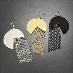 KUGUYS 9cm Tassel Dangling Earrings for Women Black Mirror Gold Silver Color Girls Fashion Vintage Retro Jewellery