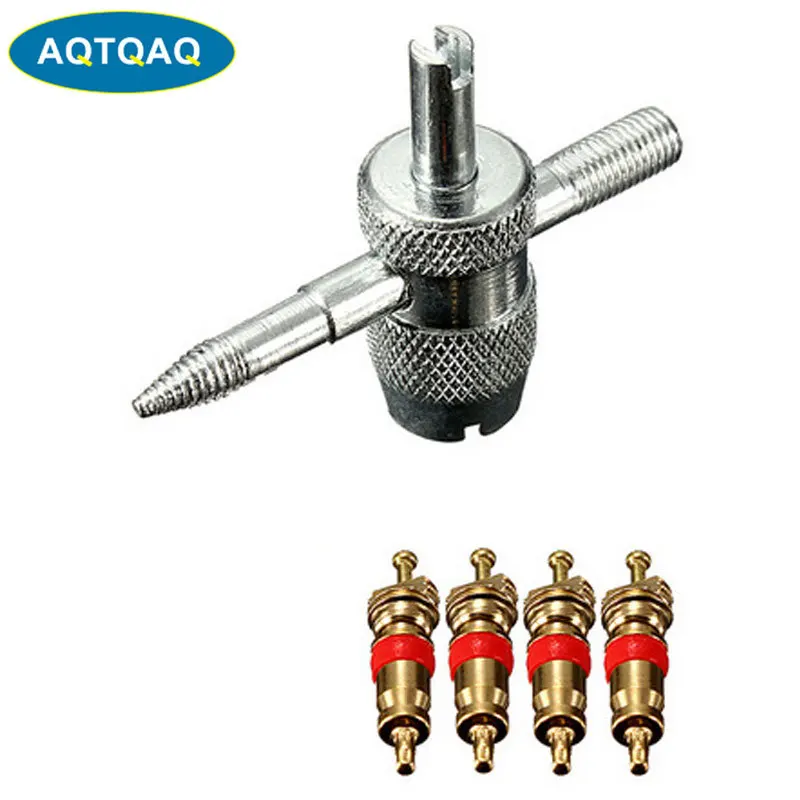 1Set Copper Valve Core with 5-in-1 Tire Valve Stem  Removal Tool Tire Repair Tool Valve Core Removal Tool Tire Cleaning Tool