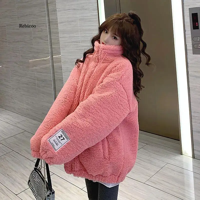 Women Fleece Teddy Jackets Zipper Solid Pocket lapel Coat Winter Warm Wool Zip-up Cotton Coat Outwear Casual Sweatshirt