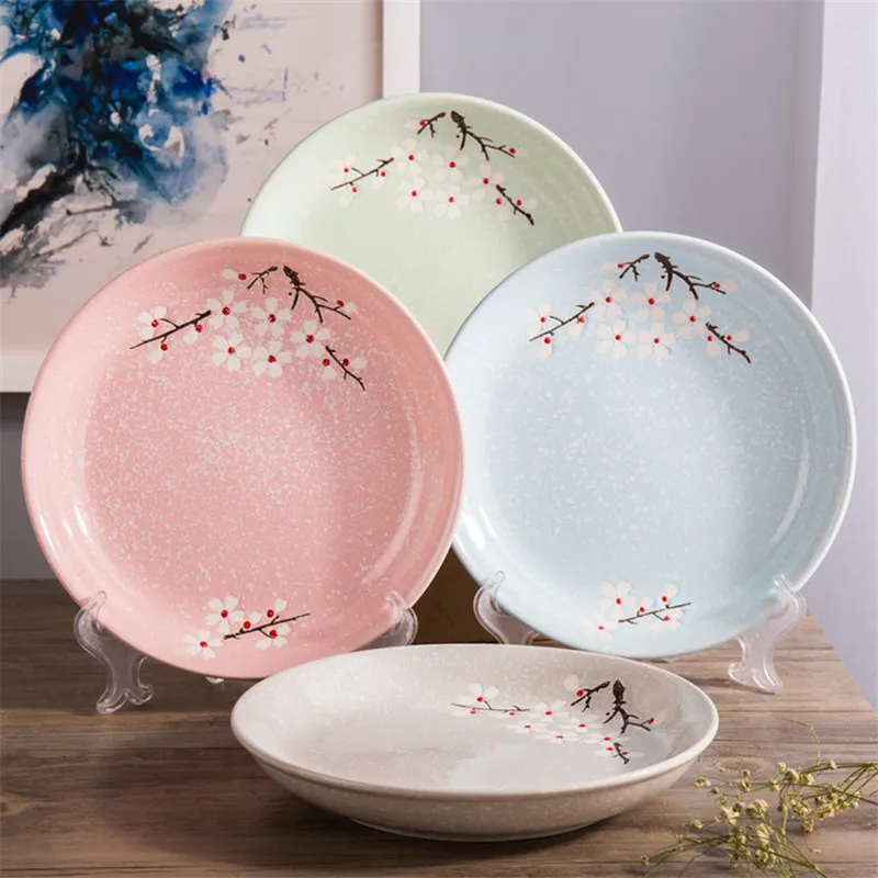 Japanese Ceramic Floral Round Dinner Plate Fruit Dessert Tray Glaze Cherry Blossom Porcelain Dish  Steak Snack Dishes