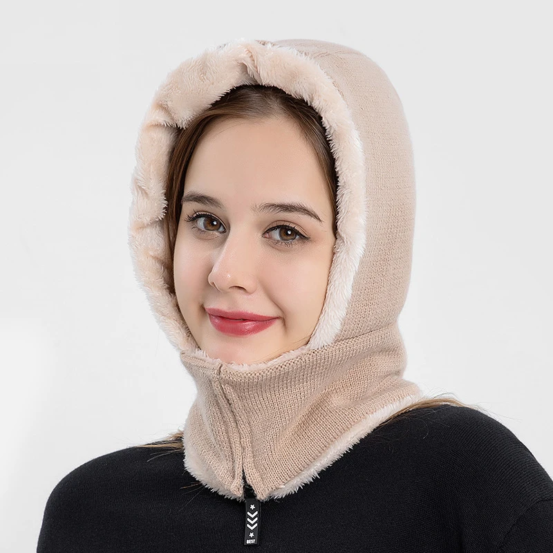 Knitted Hat Women's Autumn and Winter Ear Protection Plus Velvet Thickened One-piece Cap Windproof and Cold Bib Cap