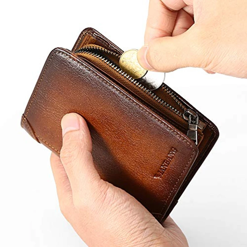 ManBang, billetera para hombre con cremallera, tarjeteros RFID de cuero genuino, billeteras plegables con bolsillo para monedas y cremallera de piel