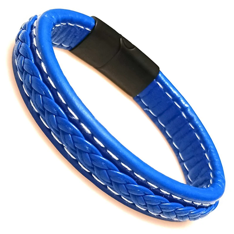 Braided Blue Color Leather Bracelets for Men Armband Heren Trendy Genuine Leather Bracelets with Magnetic Buckle