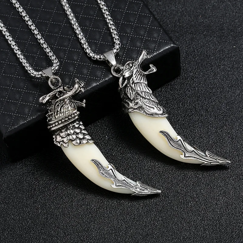 Retro Wolf Tooth Pendant Necklace for Men's Trend Punk Personality Rock Gothic Motorcycle Rider Accessories Jewelry Gift