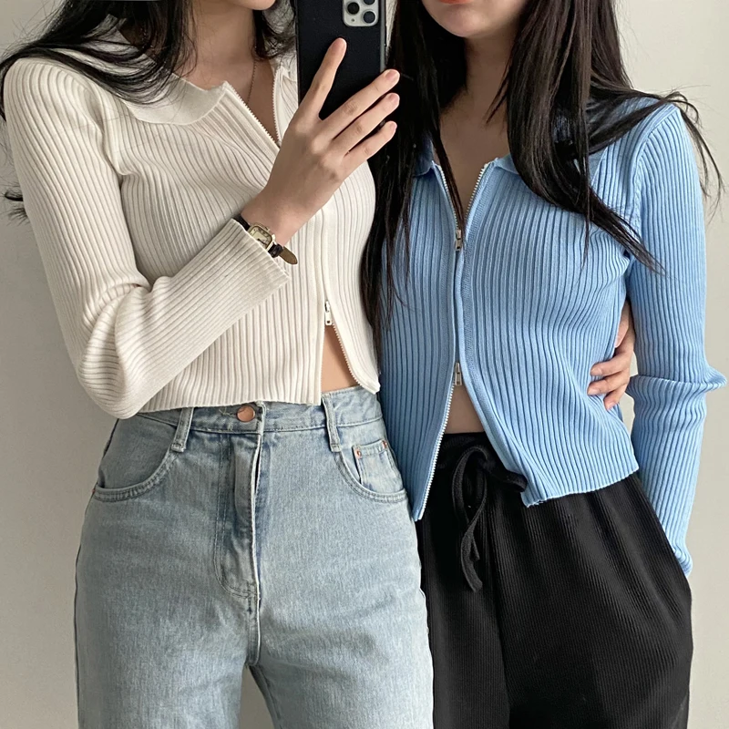 Double Open Zip-Front Knit Crop Top Women Spring Polo Neck Long Sleeve Thin Sweater Korean Slit Fit Blue White Short Cardigan