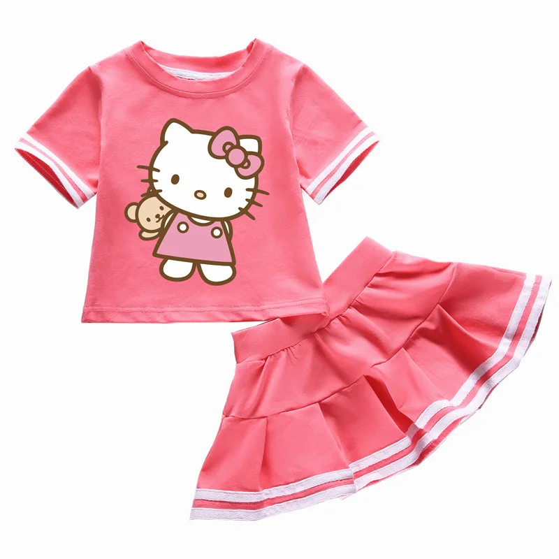 Hello Kitty Summer Girls Cartoon abito in due pezzi di cotone T-shirt a maniche corte girocollo per bambini + gonna a pieghe abito dolce carino