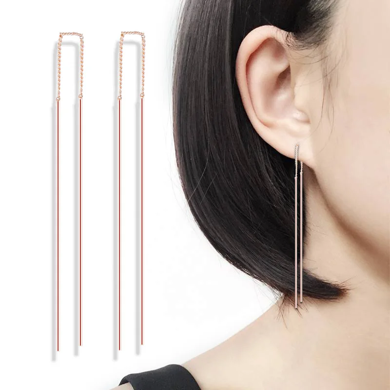 Simple Strip Bar Long Chain Drop Dangle Earrings Rose Gold Color Tessel Ear Line Fashion Jewelry Earring For Women E789