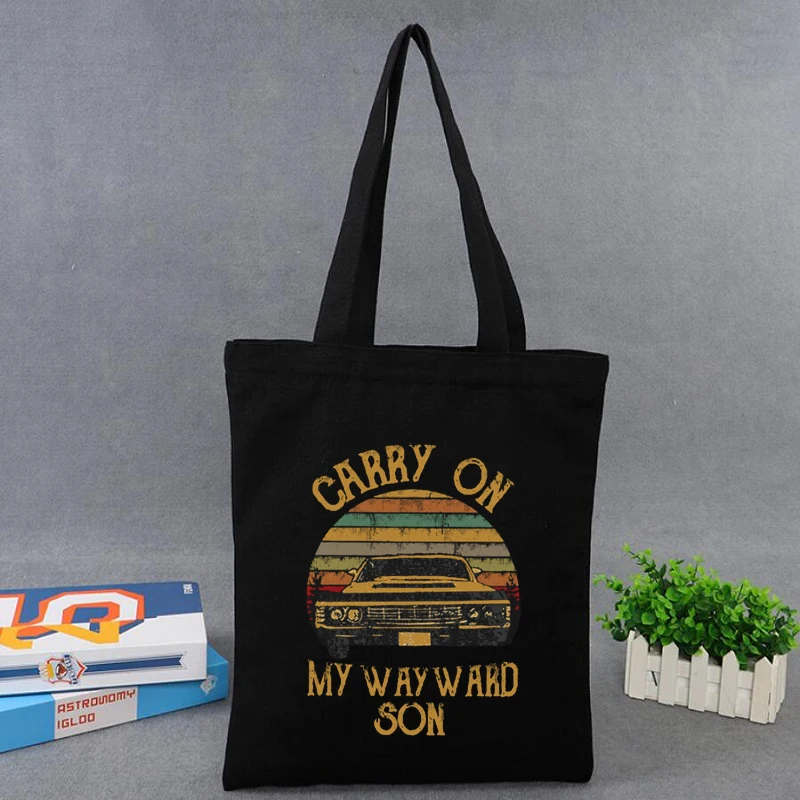 Supernatural Vintage Tote Bag Carry on My Wayward Son Dark Heather Print Reusable Shopping Bag Women  Large Folding Tote Eco Bag