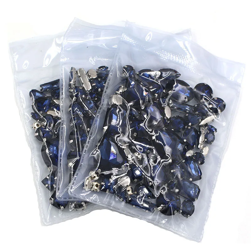 Clothing accessories Wholesale 5 bags mixed shape glass crystal sliver base Ink-blue sew on rhinestones diy wedding dress