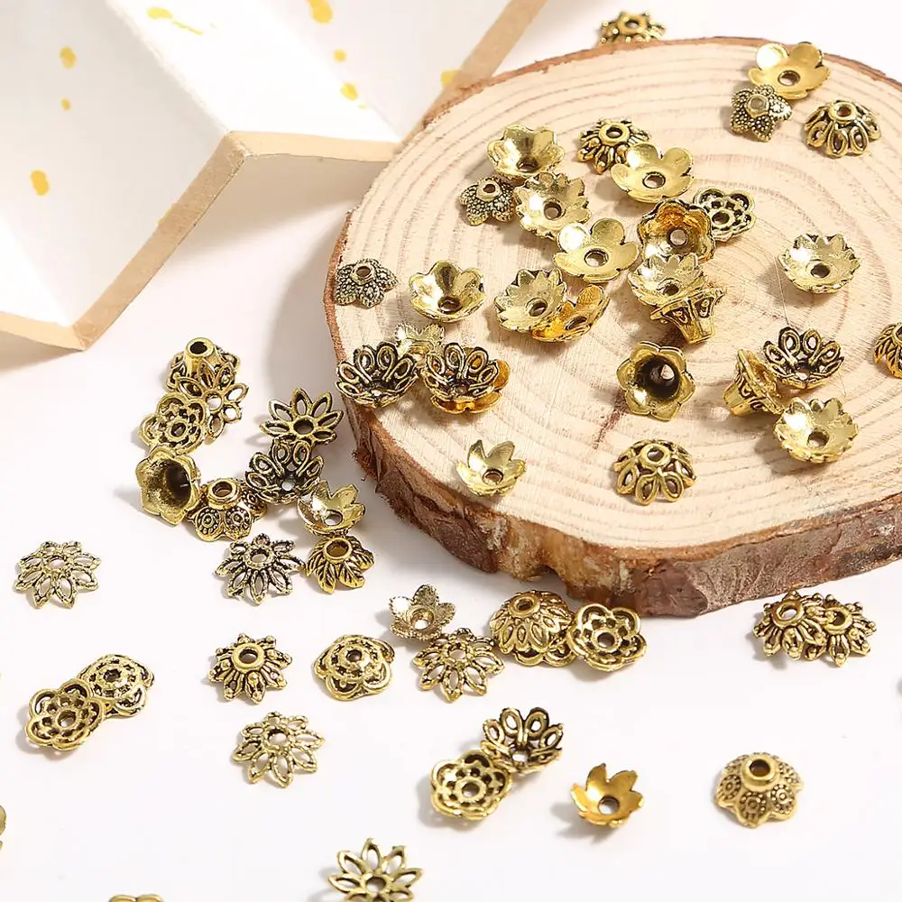 50-100Pcs/lot Fashion Alloy Antique Gold Color Flower Bead End Caps For Jewelry Making Necklace Earring Findings DIY Accessories