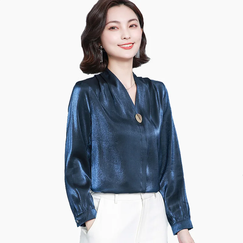 2020 Woman Spring & Autumn Office Lady Solid Color V-Neck Button Glossy Fabric Blouse