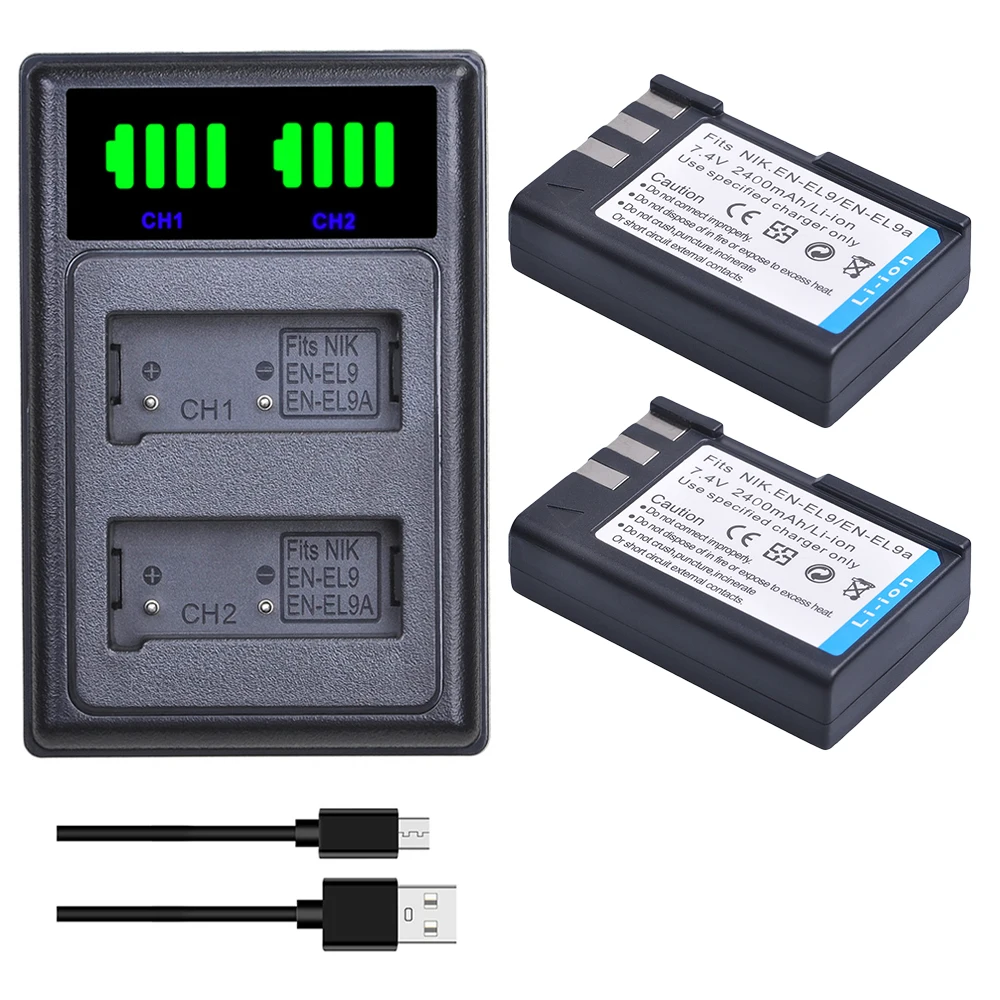 

2pcs EN-EL9 EN-EL9A EN EL9 EL9A ENEL9 Batteries + LED Dual Charger for Nikon D40 D40X D60 D3000 D5000 Digital Camera