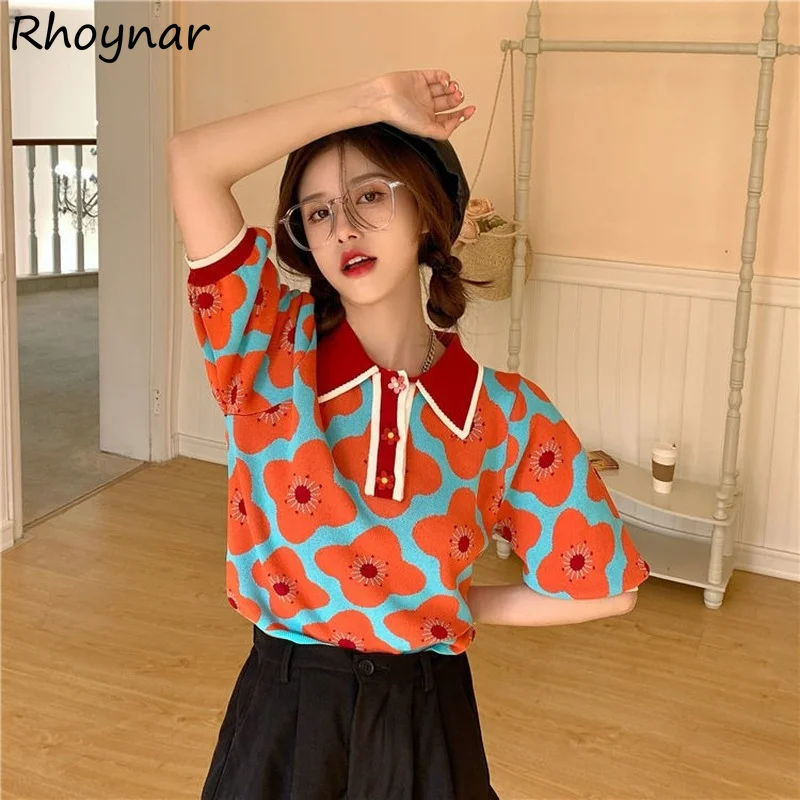 T-shirts Women Summer Vintage Panelled Floral Lovely Knitted Ladies Fashion Puff Sleeve Baggy Crop Tops Cute Flower Buttons Cozy