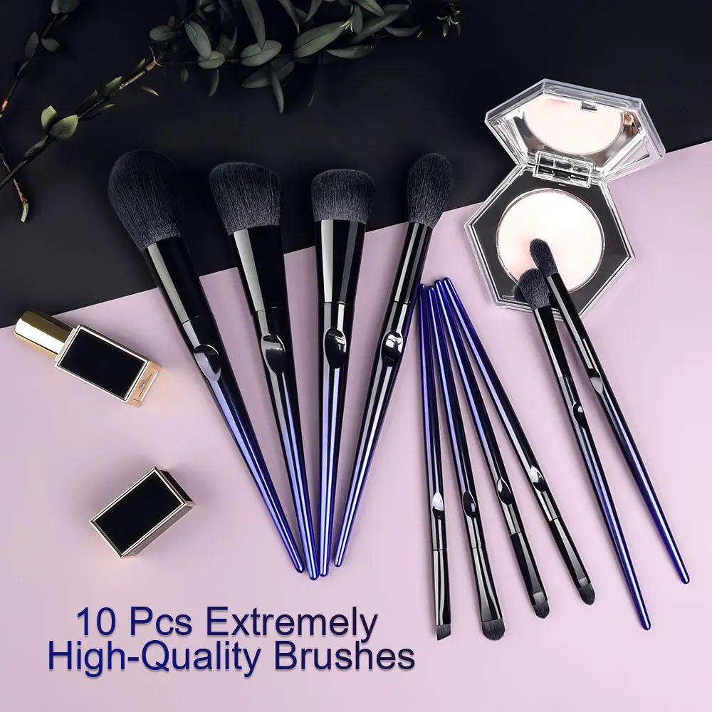 10 Pcs Makeup Brushes Navy Blue Premium Synthetic Hair Brush Foundation Blending Brush Makeup Tool Powder Eyeshadow Cosmetic Set