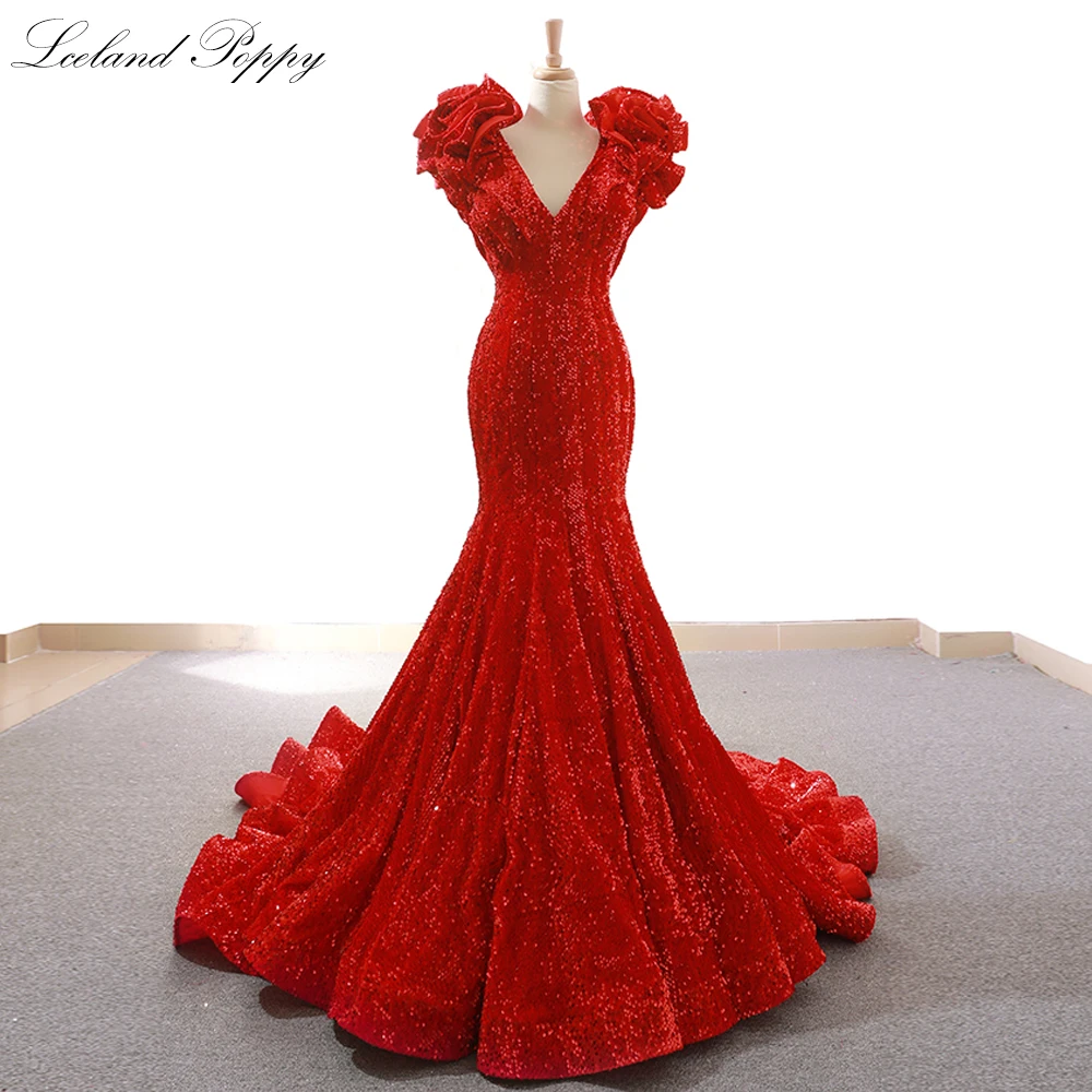 Lceland Poppy Customized Mermaid V Neck Sequined Evening Dresses Sleeveless Floor Length Formal Evening Gowns Sweep Train