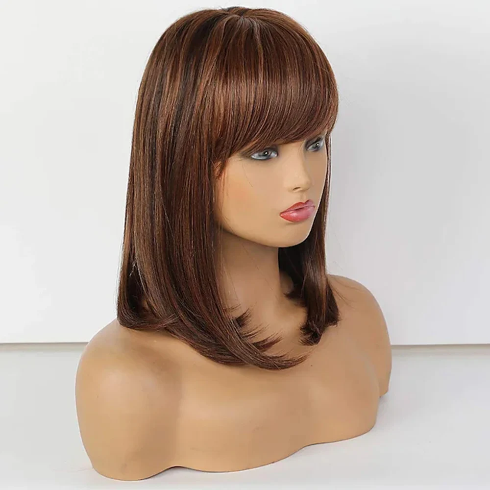 Dark Auburn #33 Synthetic Hair Blend Wig Medium Length Natural Straight With Bangs Brown Women