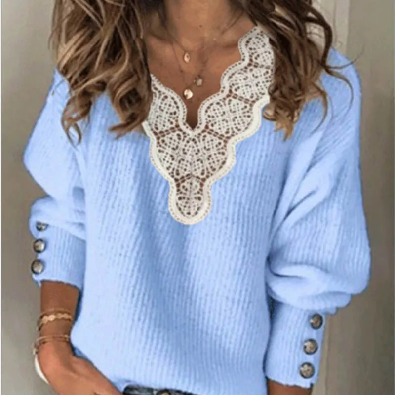 Women Lace patchwork Sweaters 2020 Autumn Buttons knit pullovers Elegant Winter Sexy V Neck Knitted sweater tops jumpers 5XL