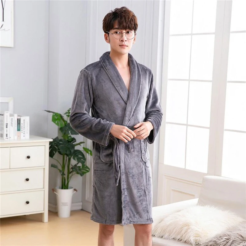 

Gray Winter New Sleepwear Home Clothing Full Sleeve V-Neck Negligee Home Dressing Gown With Belt Kimono Bathrobe Gown For Men