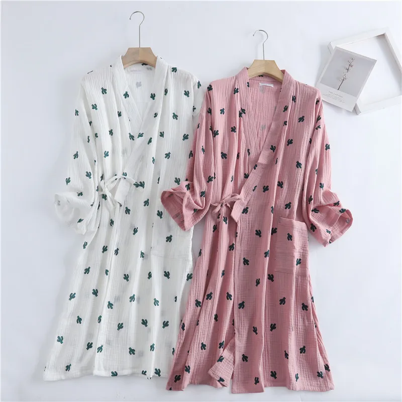 Spring Women Crepe Gauze Kimono Bathrobe Long Sleeve Cotton Robes Print Sleepwear Loose Dressing Gown Plus Size Housewear