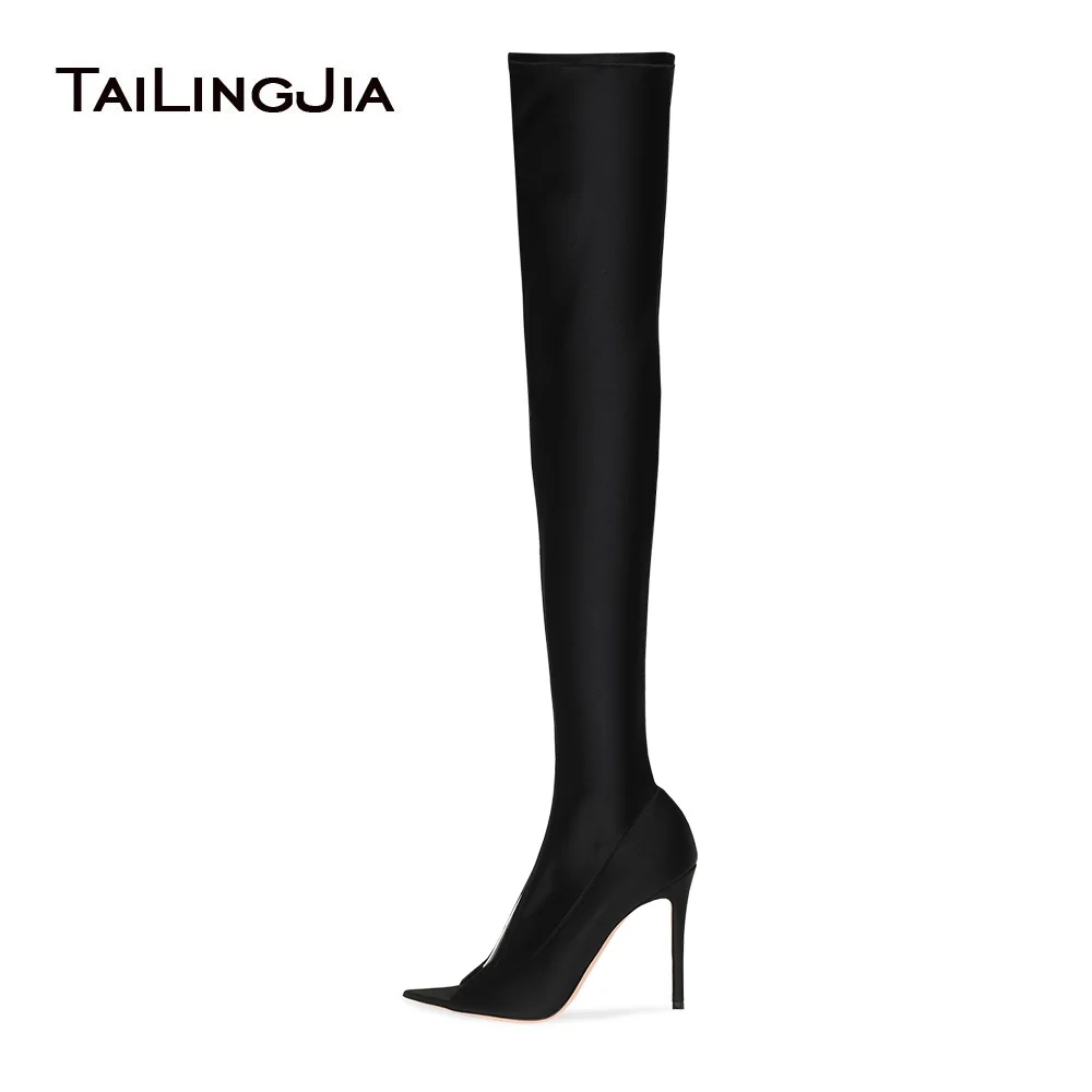 Pointed Toe Peep Toe Thigh High Boots Black Stretch Over The Knee High Boots Womens Long Tall Boot Ladies Autumn Shoes Footwear