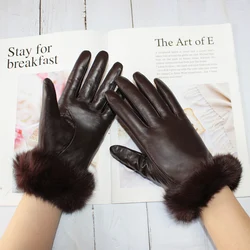 New Women's Sheepskin Material Rabbit Fur Mouth Fashion Fleece Lining Warm and Winter Brown Gloves in Autumn and Winter