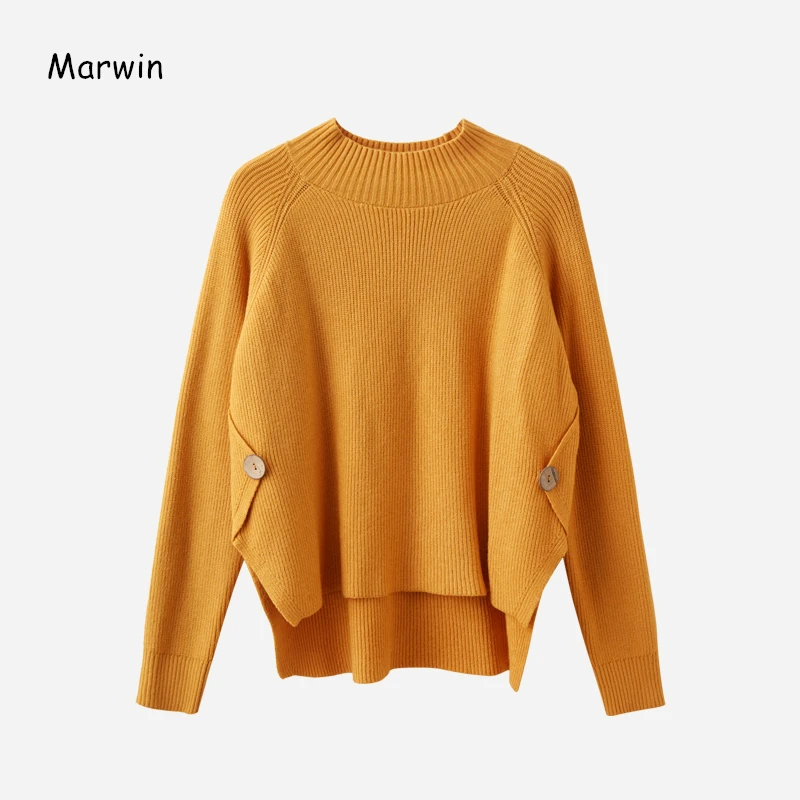 Marwin 2020 New-Coming  Winter Solid Turtleneck Pullovers Female Thick Knitted High Street Style Warm Soft Button Women Sweater