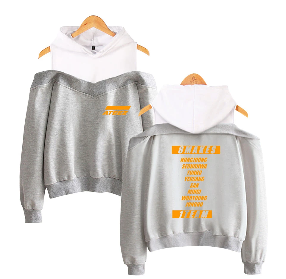 Hot Sale ATEEZ off shoulder Sweatshirt pattern printing Women\'s Fashion Casual Streetwear off-shoulder Hoodie sexy sweathirt