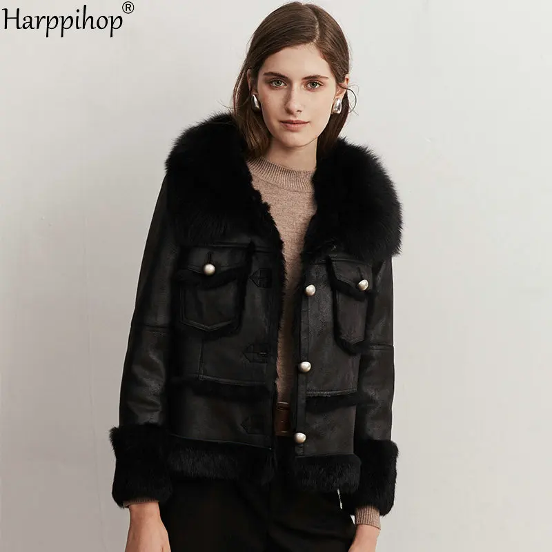 2024 new short style long-sleeved rabbit leather with fur coat female lapel fox fur leather coat female