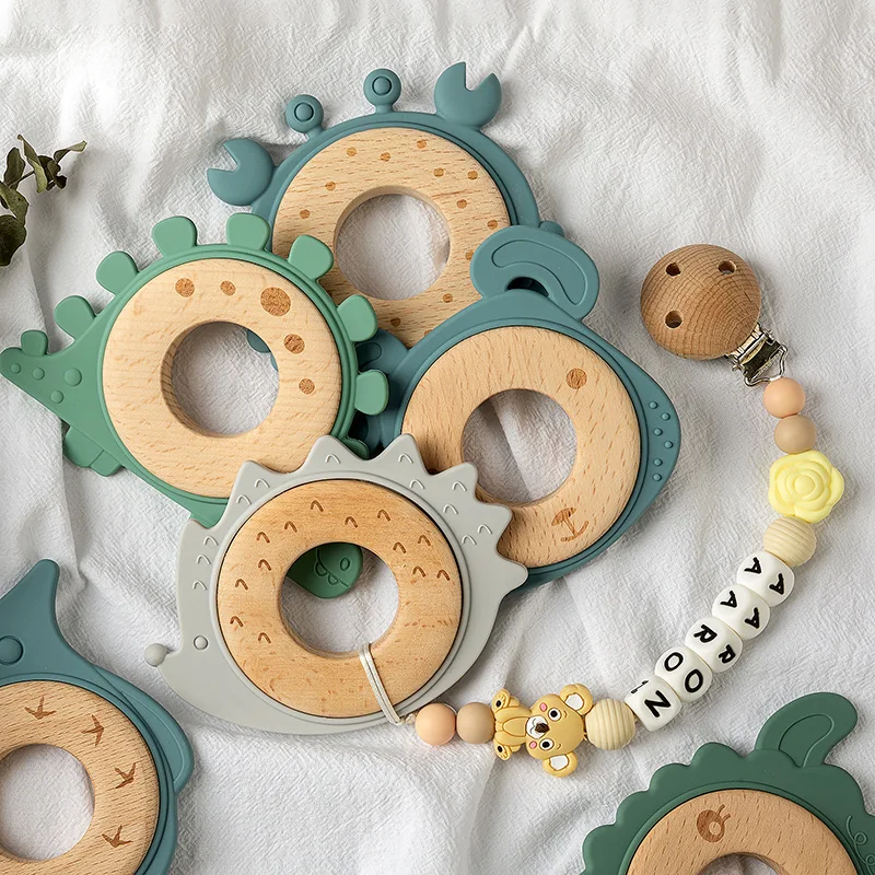 TYRY.HU 1Pc Baby Silicone Teether Wooden Ring Teether Cartoon Animal Shaped Baby Teething Pendant Newborn Gifts Accessories