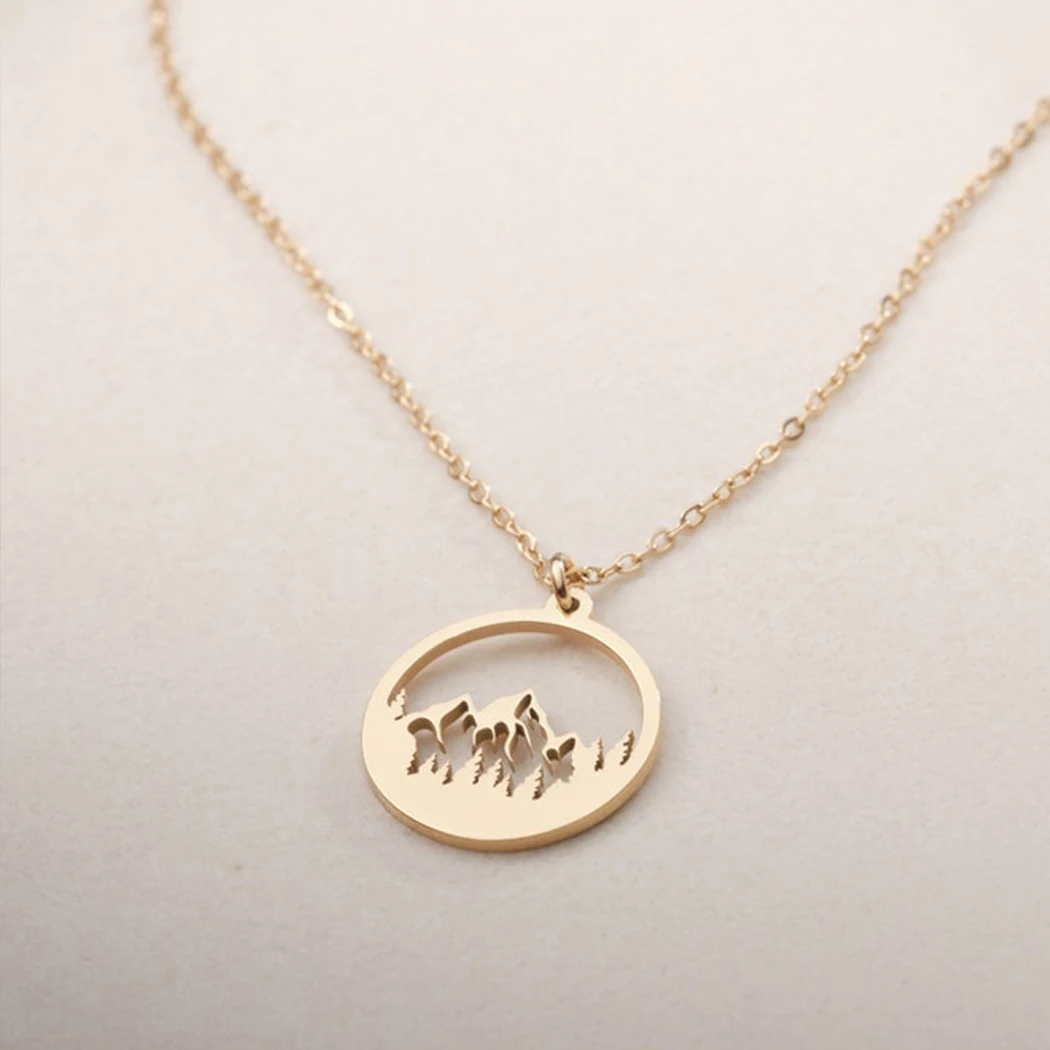 Mountain Necklace for Women Girls Gold Plated Hollow Mountain Charm Disc Pendant The Mountains Are Calling Wanderlust Jewelry