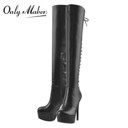 Onlymaker Women Lace-Up Over The Knee Boots Platform Matte Black Stiletto High Heel Shoes Side Zipper Boots