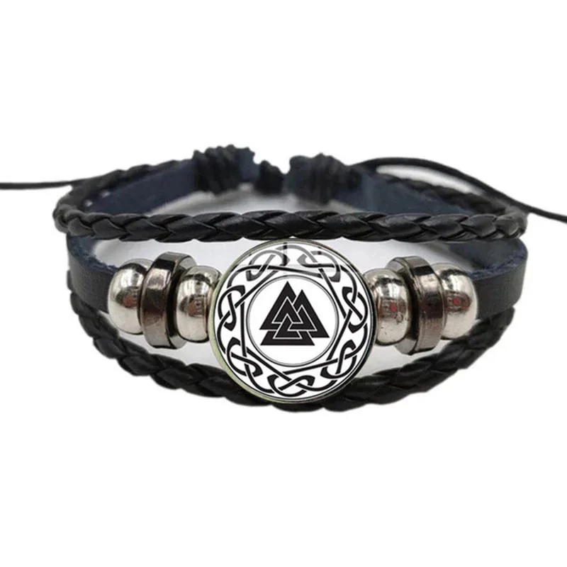 Slavic Norway Valknut Pagan Amulet Bracelet Odin Nordic Rune Symbol Glass Art Amulet Leather Bracelet Viking Jewelry