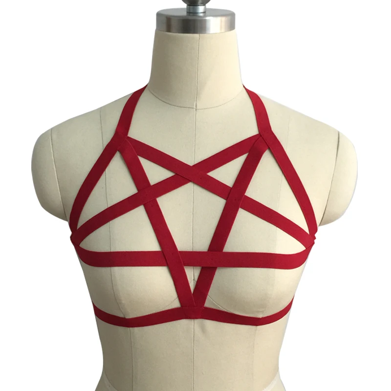 

Red Pentagram Harness Bra for Women Sexy Crop Top Body Cage Bralette Punk Goth Fetish Bondage Plus Size Festival Rave Garter