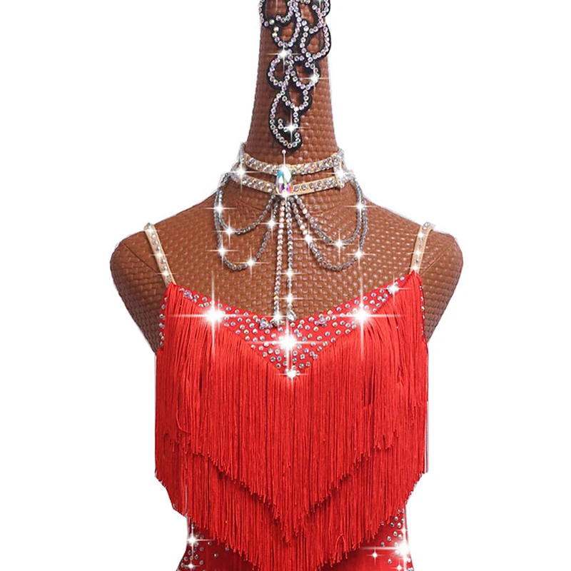 Vestido de Dança Latina para Adultos e Crianças, Trajes de Competição, Saia Performance, Strass Performing, Borla, Várias cores, Vermelho, Branco