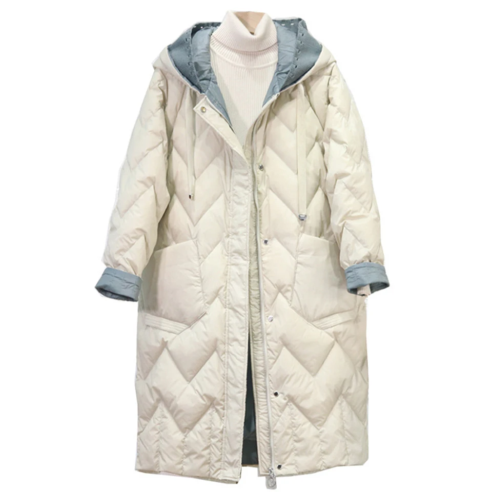 

Women's Down Jacket Mid-Length White Duck Down Hooded Single Breasted Button With Zipper Warm Ladies Coat Fashion Casual Style