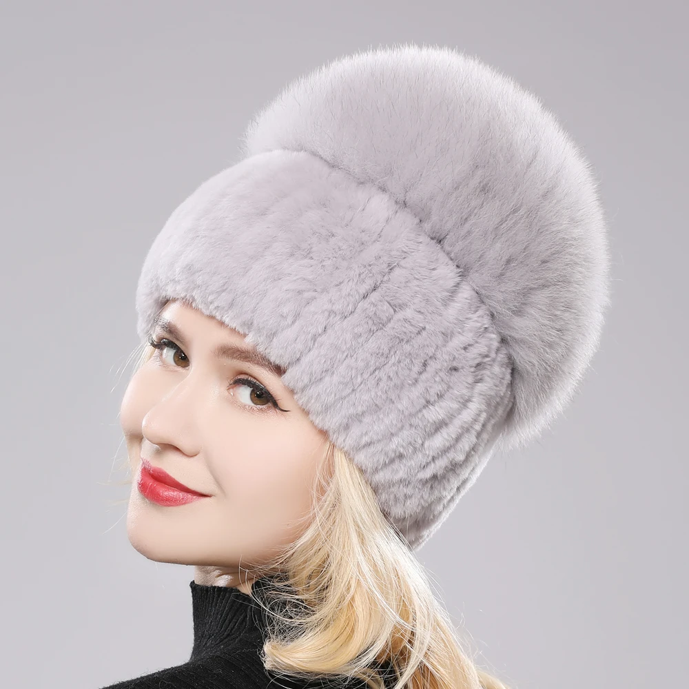 Female\'s Hat Good Elastic Natural Fluffy Real Fox Fur Hat New Winter Women Knitted Real Rex Rabbit Fur Hats Lady Real Fur Cap