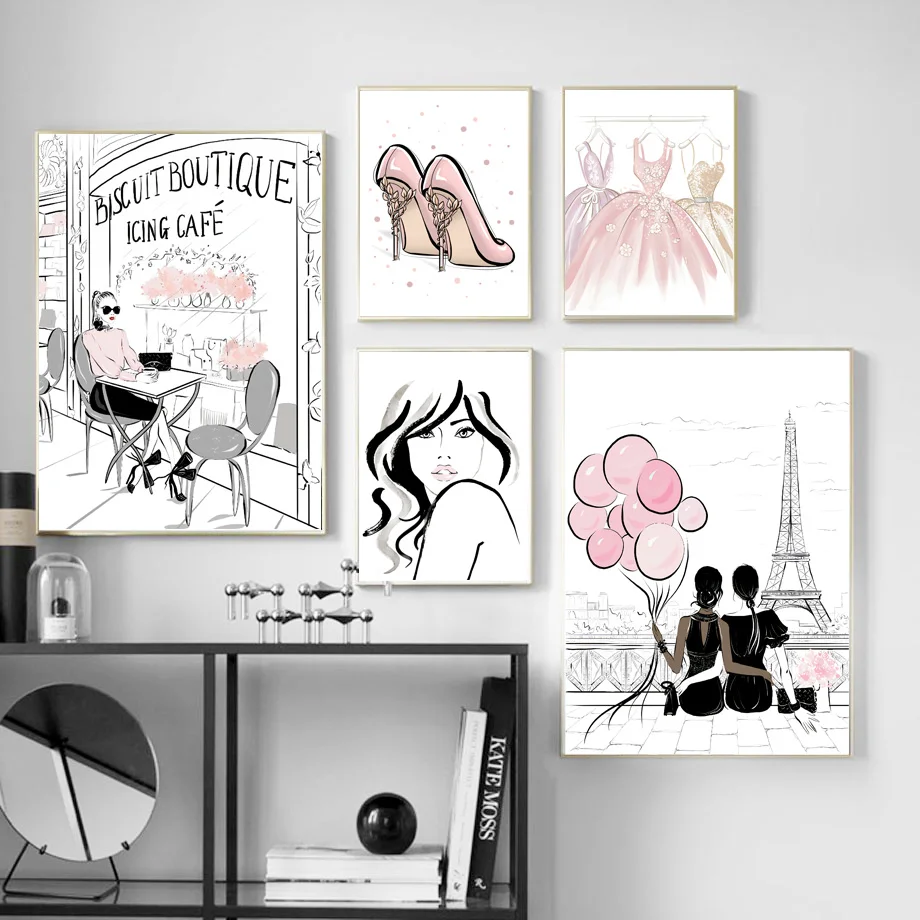 Fashion Girl Pink Balloon Skirt High heels Nordic Posters And Prints Wall Art Canvas Painting Wall Picture For Living Room Decor