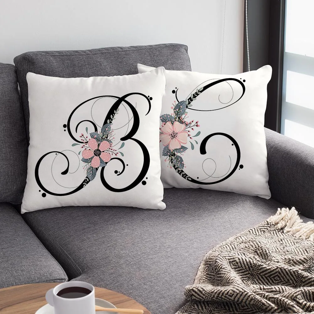 Black Alphabet Flower Print Pillowcase White Polyester Cushion Cover for Living Room Sofa Nordic Home Decoration Pillow Case