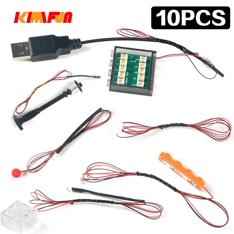 Lámpara LED de bloques de construcción DIY, 10 piezas, 2 pines, 1x1, 1x4, accesorios MOC, ladrillo, USB, calle de alta tecnología, Hub 10 en 1,