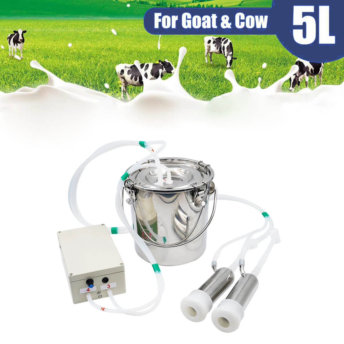 5L 220V Electric Cow Goat Sheep Milking Machine Vacuum Pump Milker Double Head Milking Machines with Stainless Steel Bucket