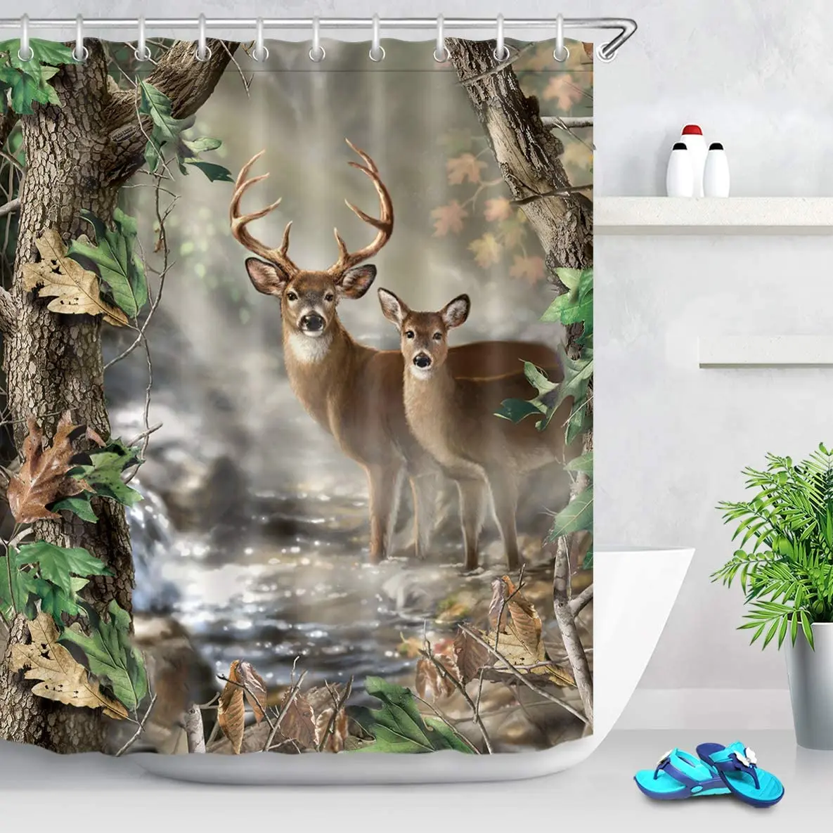 Farmhouse Christmas Deer Rustic Country Style Wildlife Hunting Elk Foggy Forest Shower Curtain