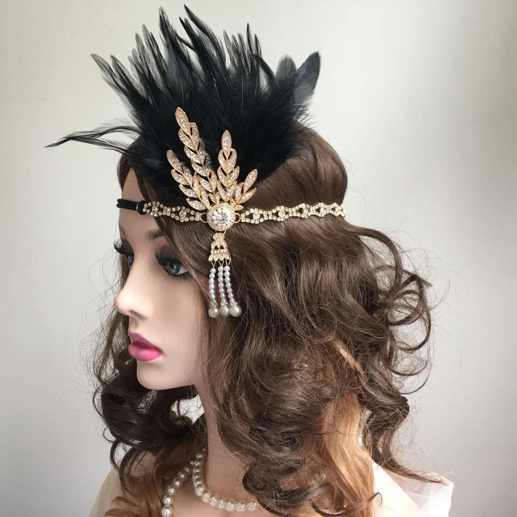 

Vintage Woman Elastic Feather Headband Black Rhinestone Pearls Shiny Hair Band 1920s Gatsby Charleston Party Hair Accessories